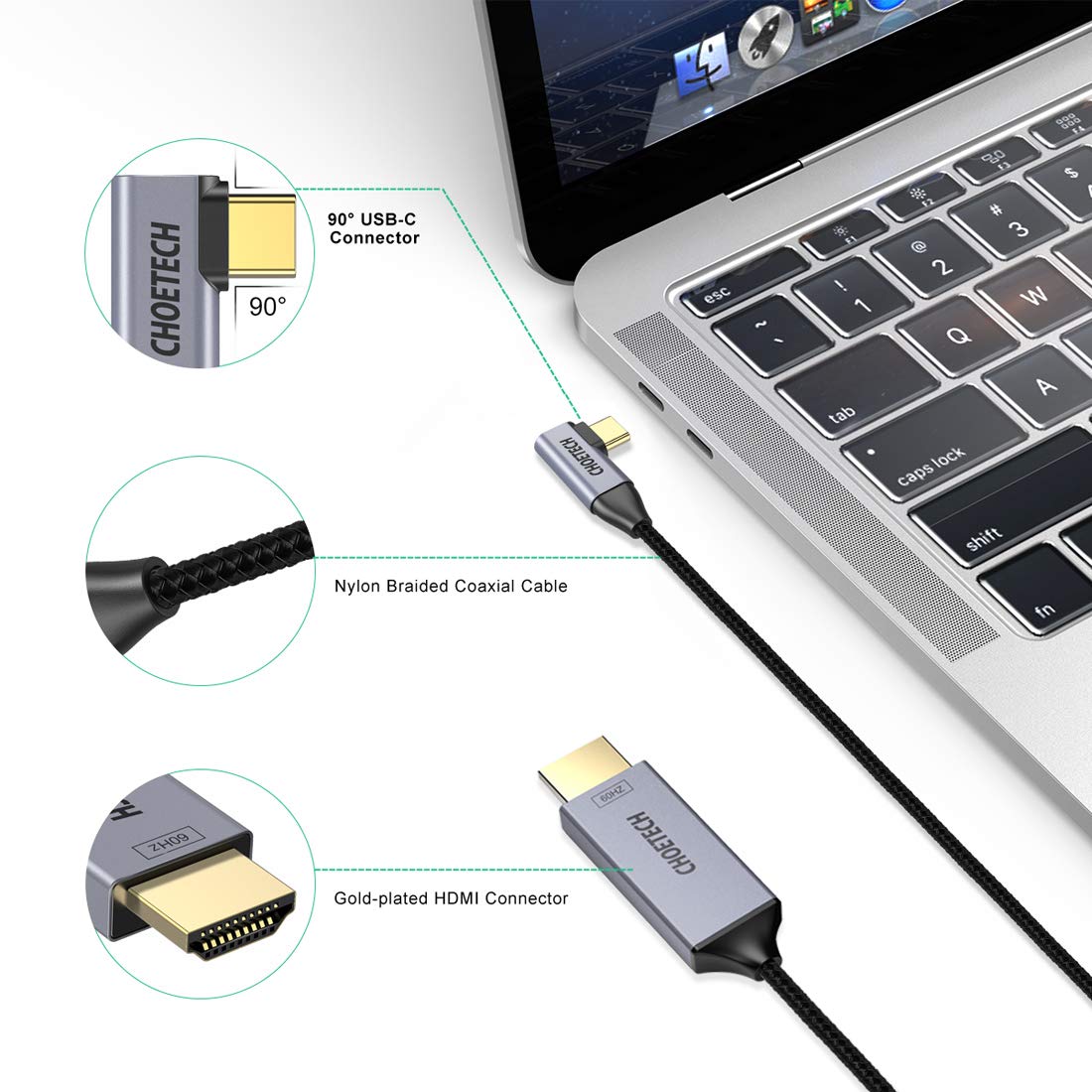 CHOETECH USB C to HDMI Cable(4K@60Hz) 1.8m USB Type-C to HDMI Braided Adapter Cable